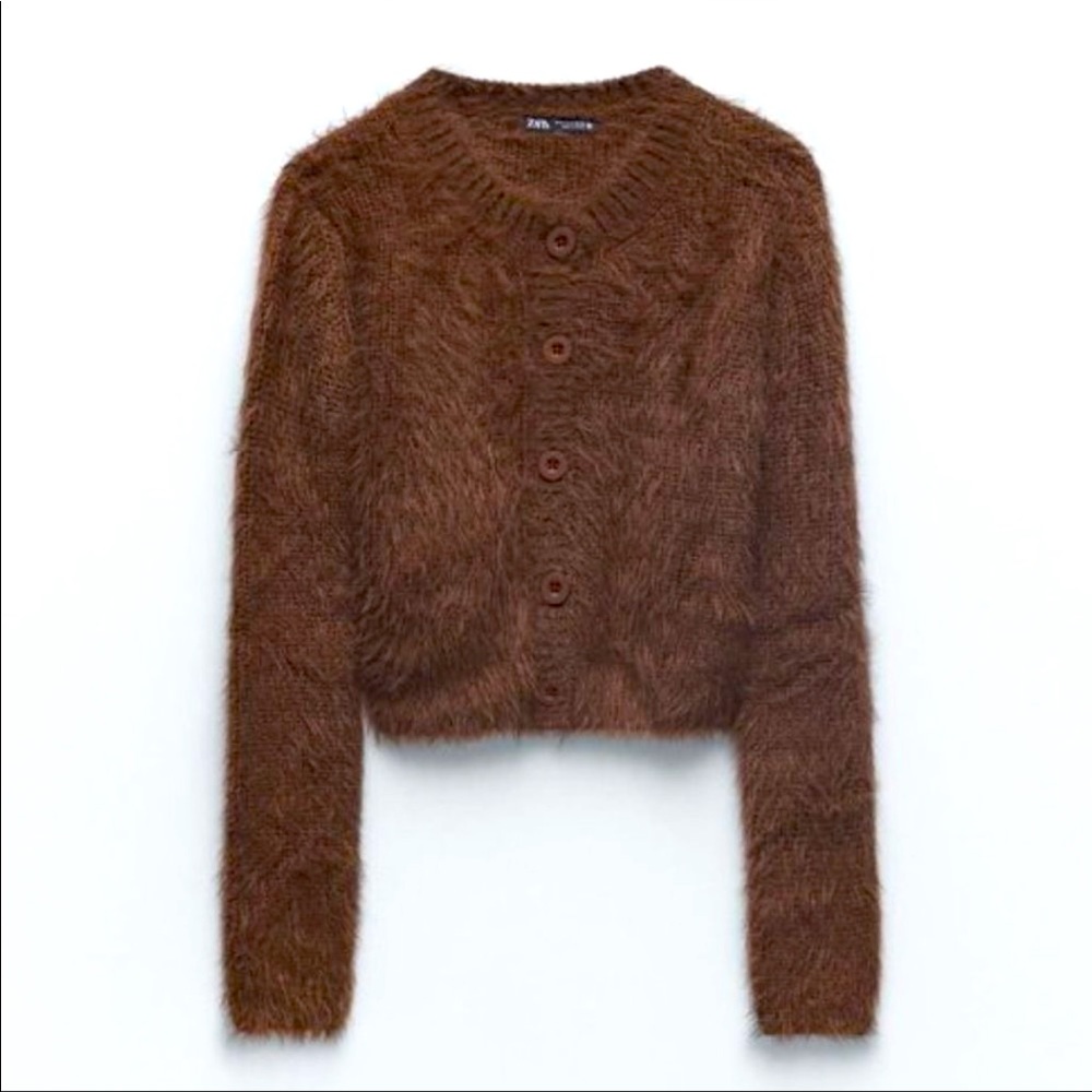 Zara. Fuzzy brown cardigan
